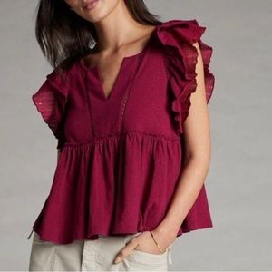 Anthropologie Caroline Metallic Ruffled Sleeves Babydoll Top